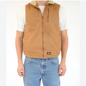 Dickies Vest Sherpa Lined Duck Canvas Utility Workwear Pockets Zip Fisherman